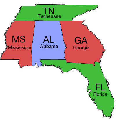 Coloured map of states showing Mississippi and Georgia = red, Tennessee and Florida = green, and Alabama = blue.